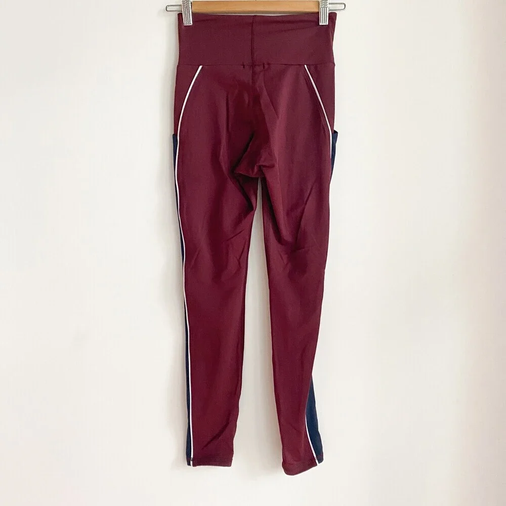 Michi Burgundy Navy Blue Colour block Media Pocket Leggings XS - Picture 3 of 5